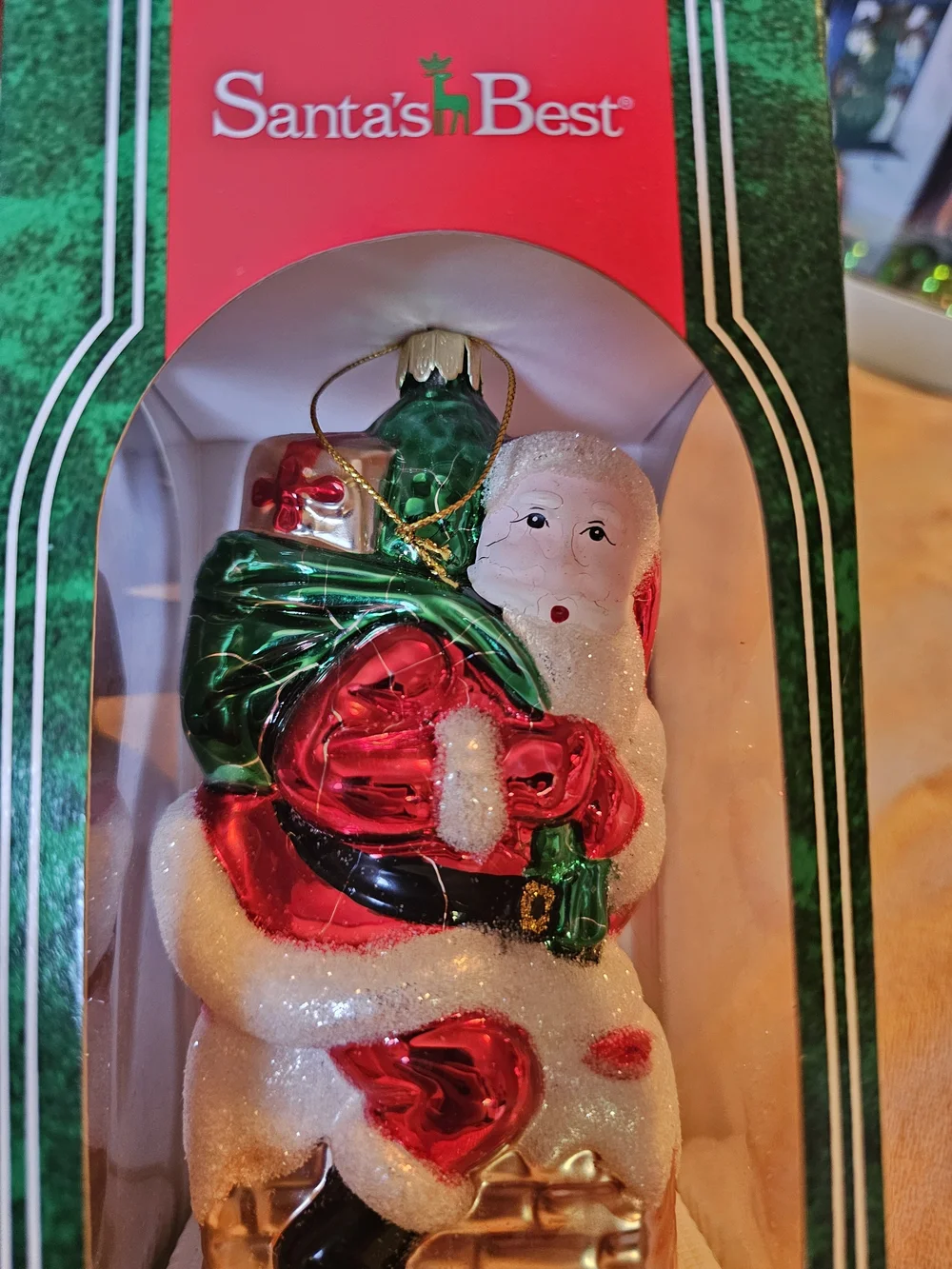 Glittering Santa Ornament in Red, Green & White - Holiday Tree Accent